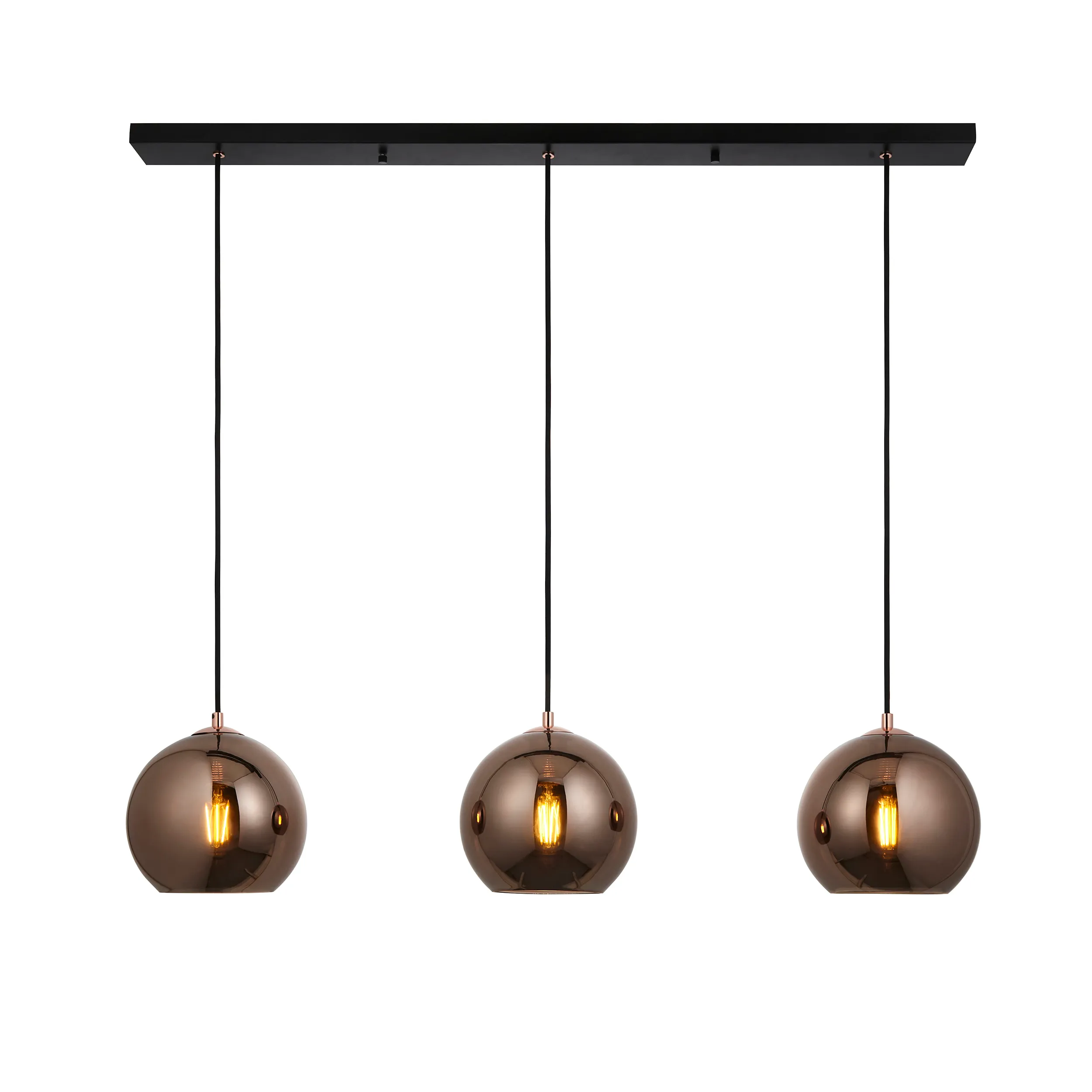 Linear ceiling bar carrying three mirror-glass globe pendants on black cable, each lit by an exposed filament bulb, on a white background.