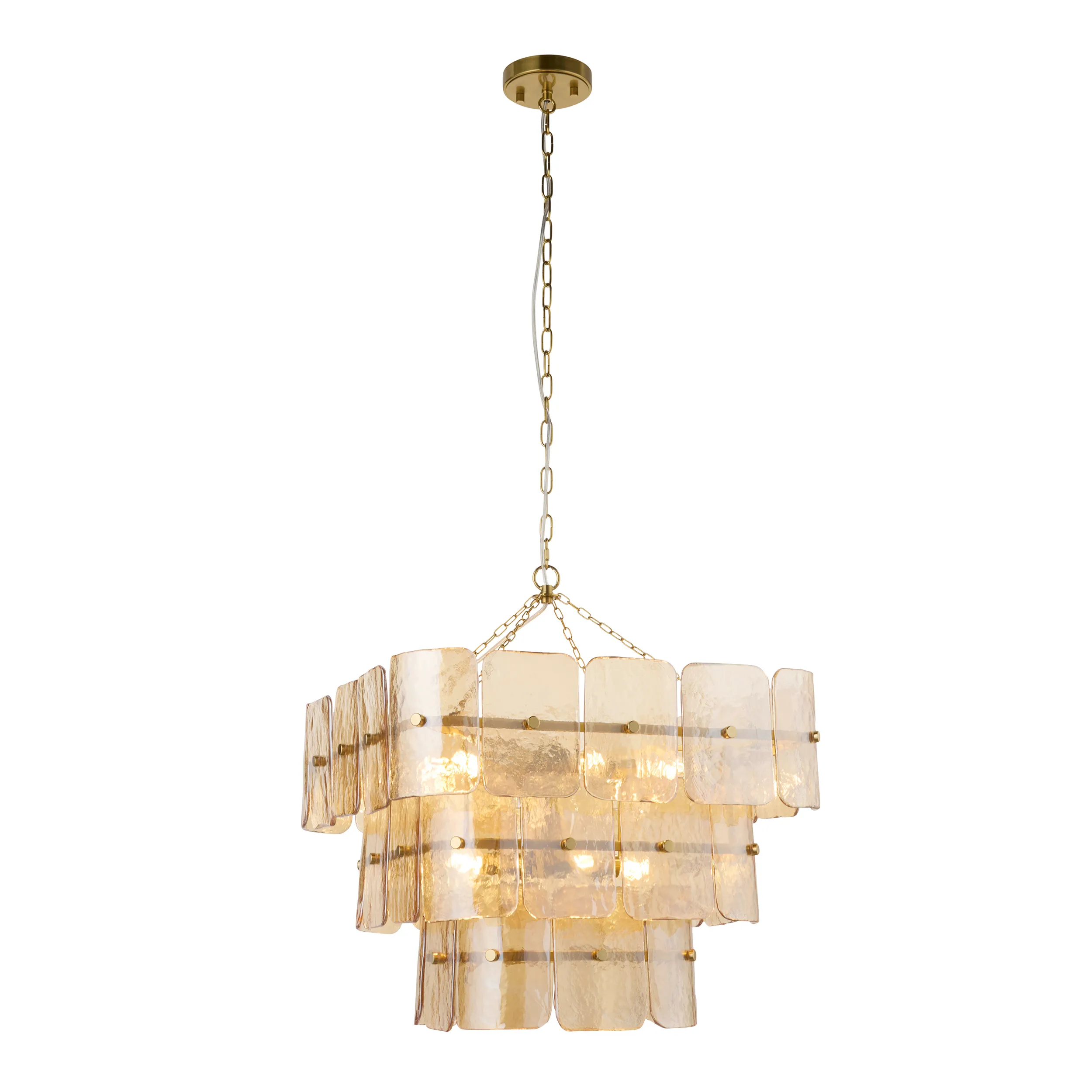 Three-tier chandelier of amber textured glass panels on a brass frame and chain, on a white background.