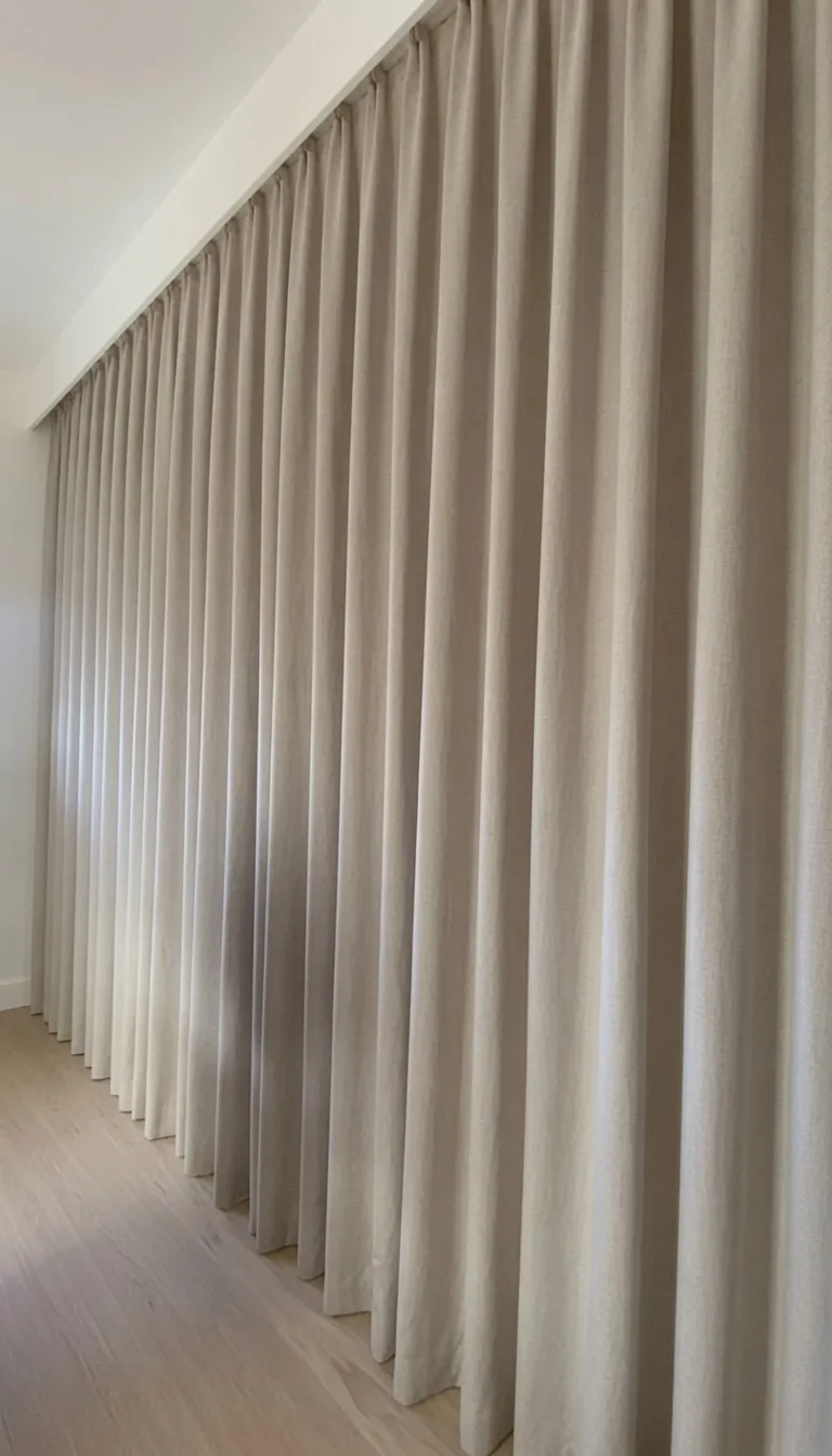 Wall of oatmeal pinch-pleat curtains drawn fully closed, floor to ceiling, above pale oak flooring.