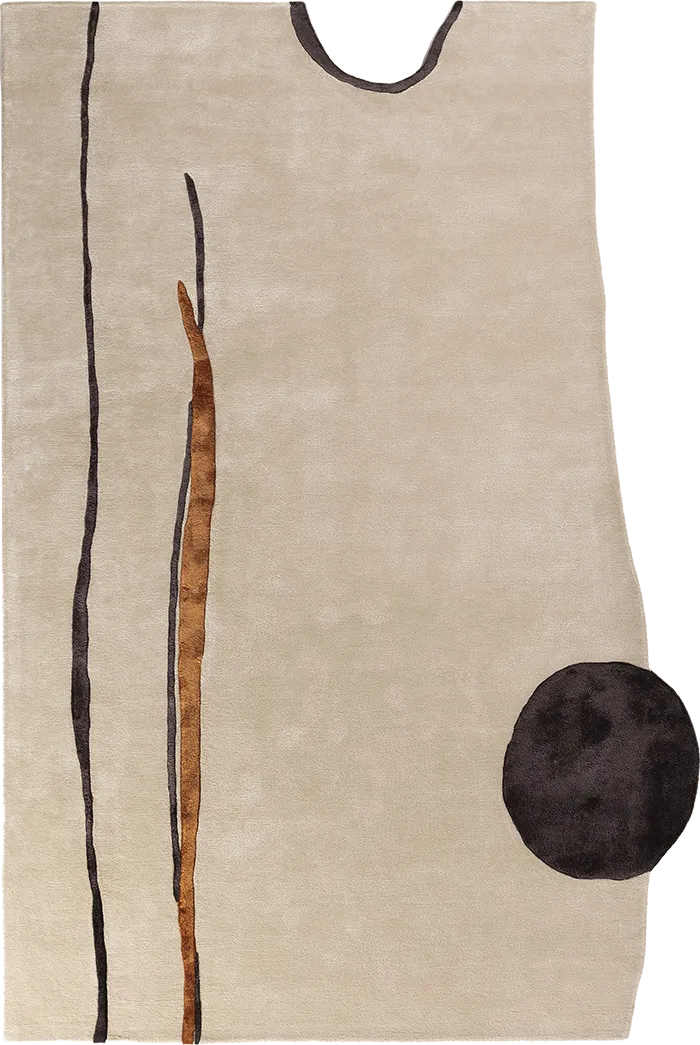 Cream rug with fine dark and ochre curved lines running its length and a solid dark charcoal circle in one corner, on a white background.