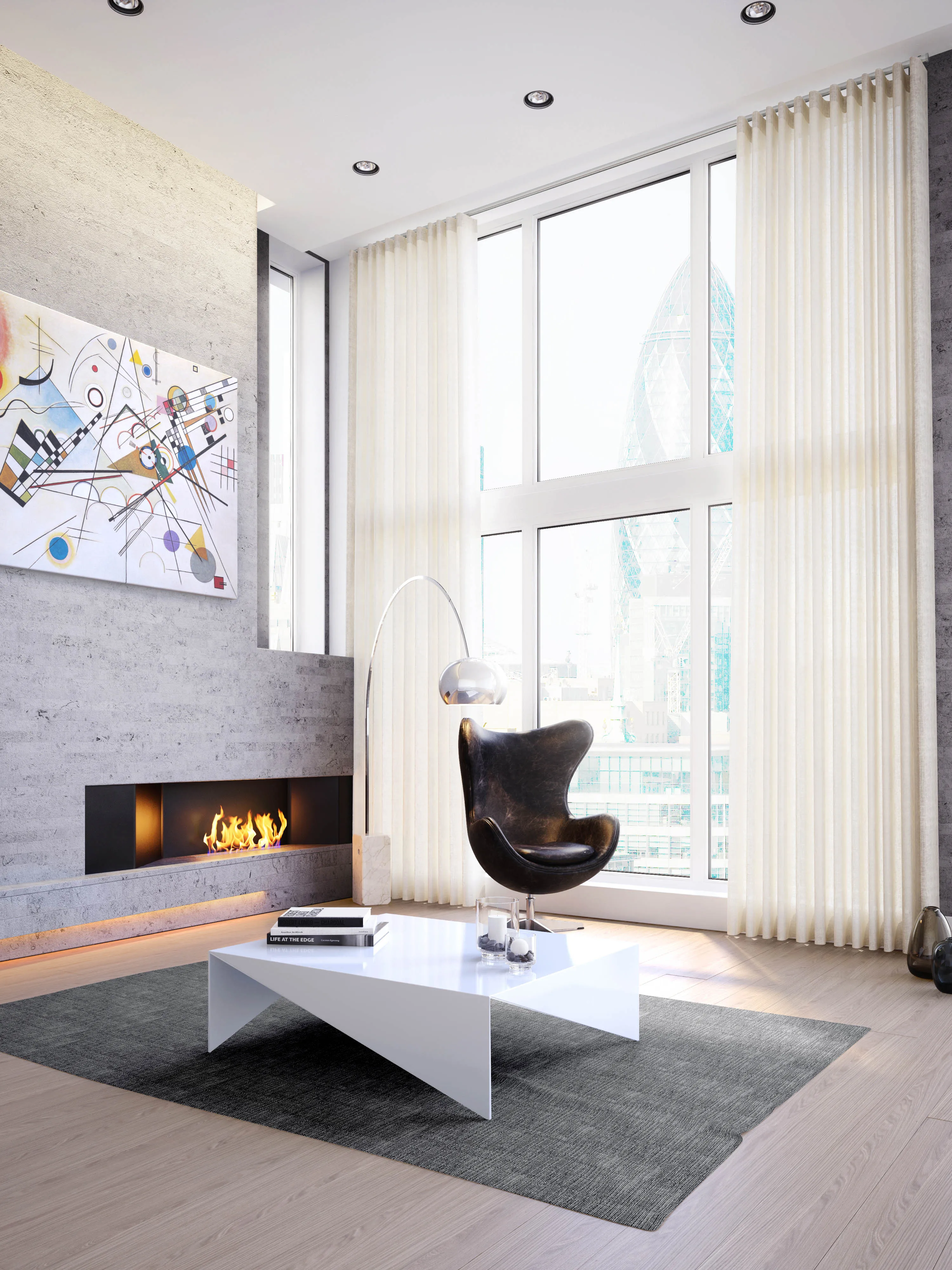 Double-height living room with cream wave curtains at full-height windows overlooking London towers, with a black leather egg chair and a long ribbon fireplace.